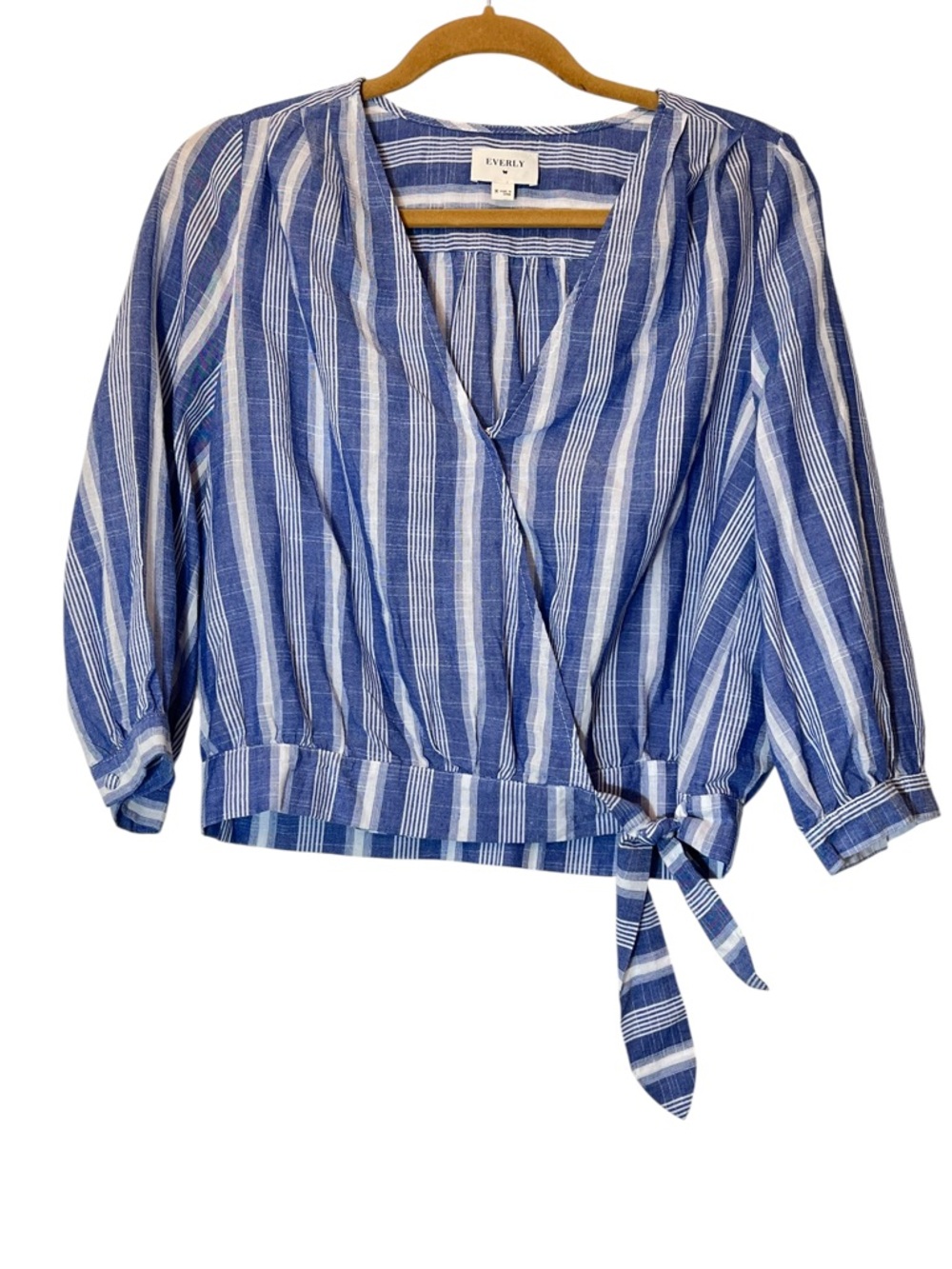 Everly Women's Striped V-Neck Wrap Blouse Size M Blue White Preppy Coastal